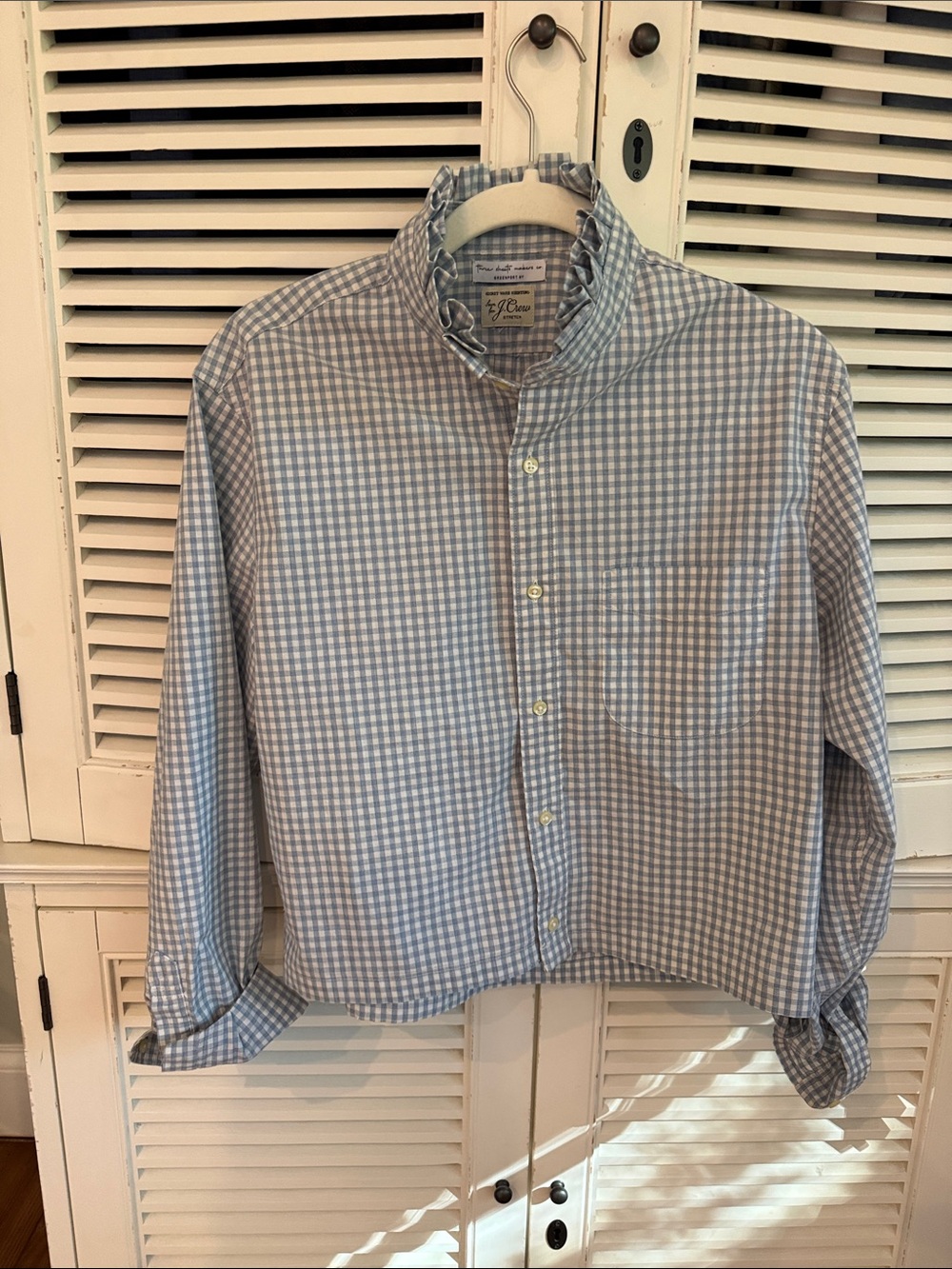 Upcycled J Crew Gingham Button-Down Shirt reworked w ruffle collar